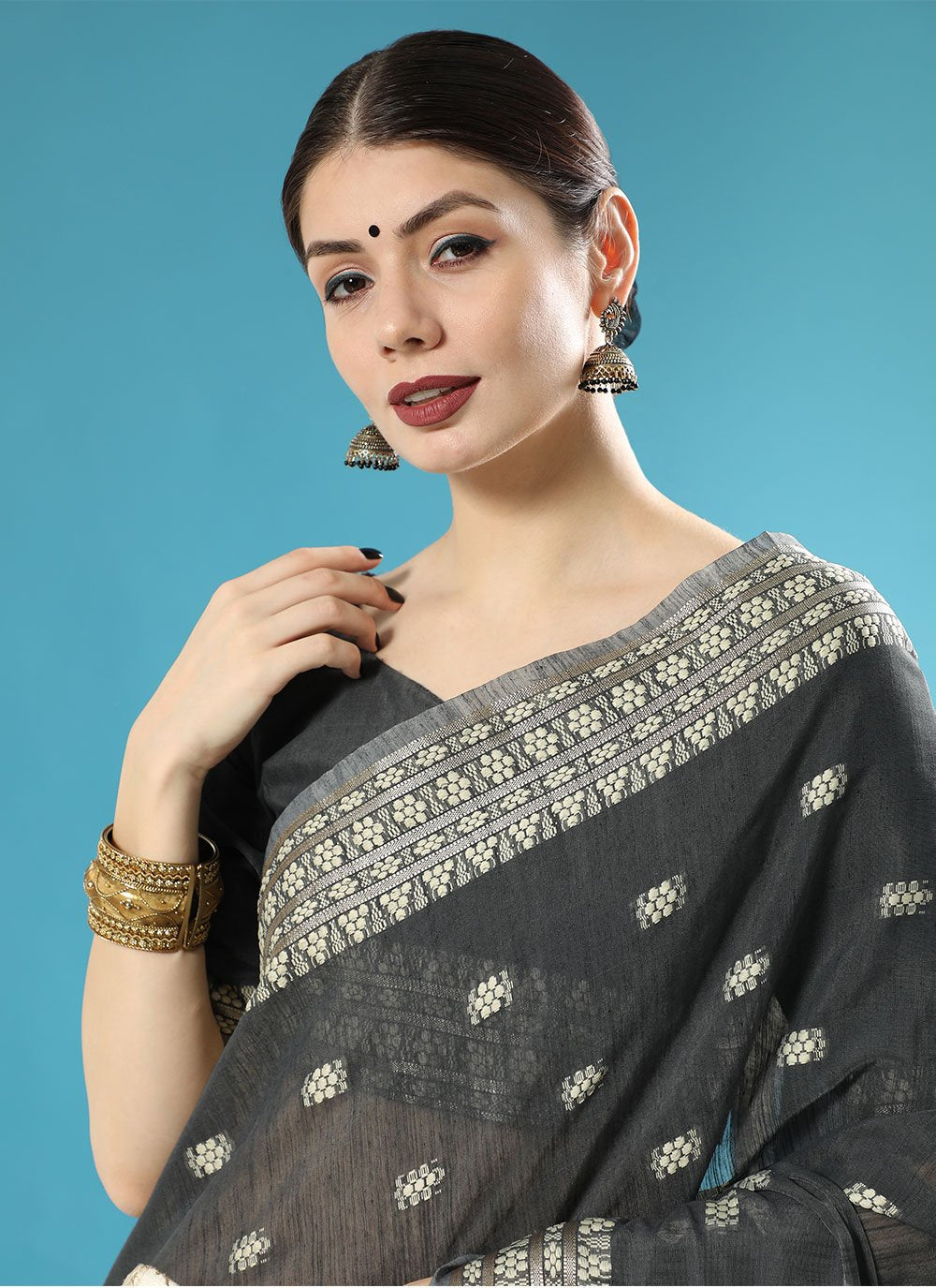 Classic Cotton Lucknowi Black Chikankari Work Saree