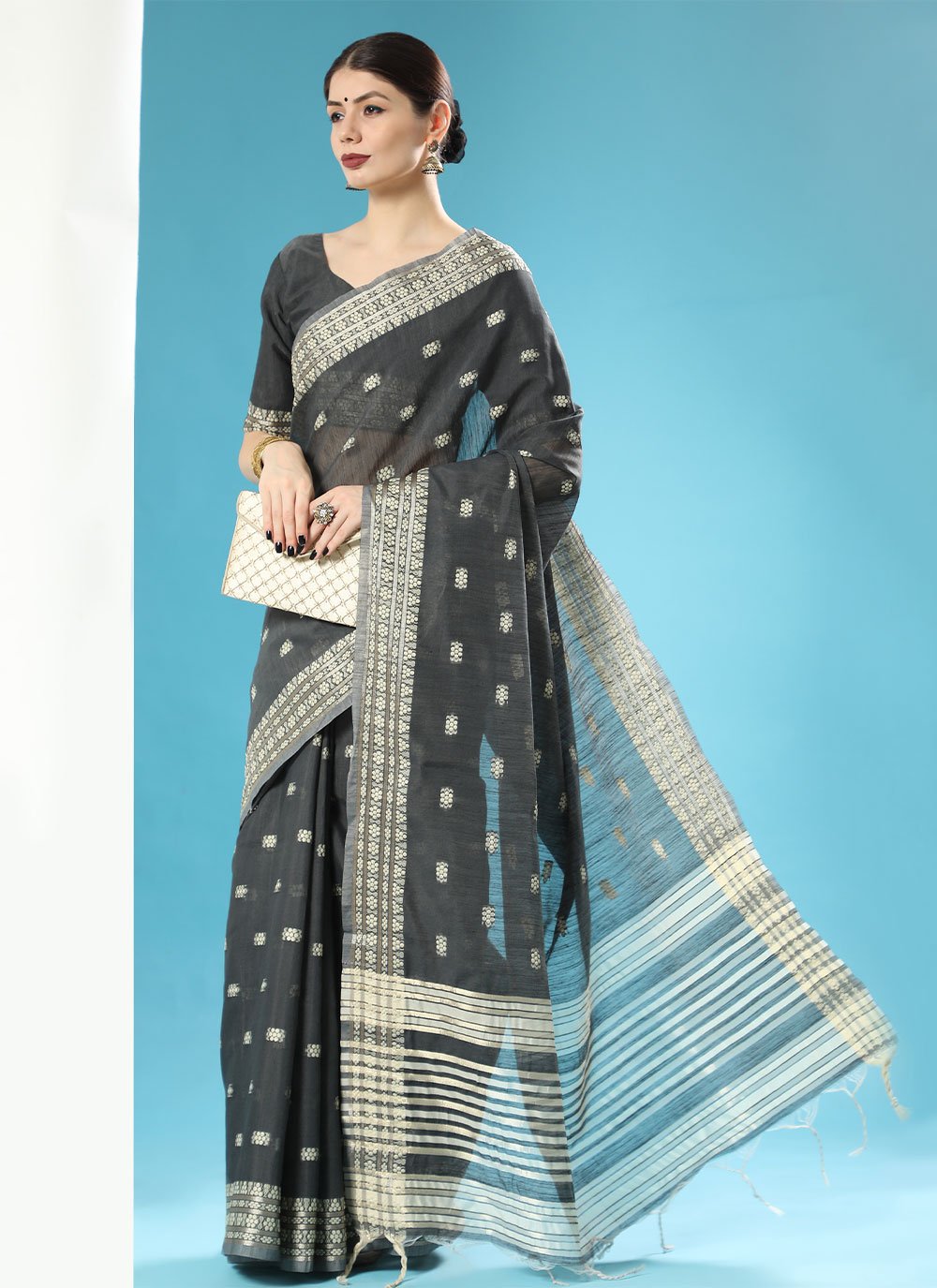 Classic Cotton Lucknowi Black Chikankari Work Saree