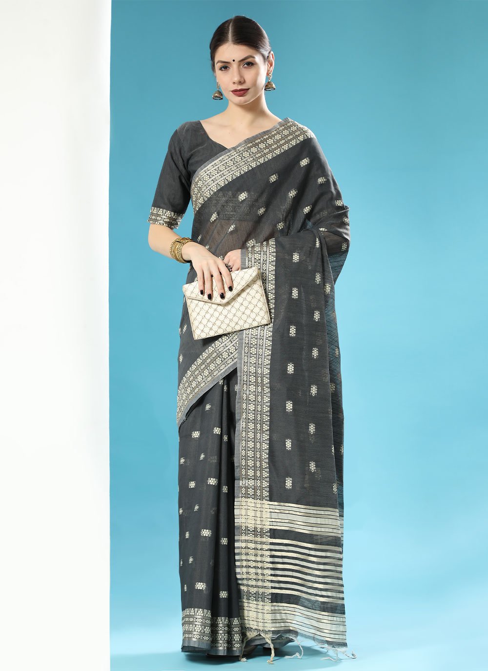 Classic Cotton Lucknowi Black Chikankari Work Saree