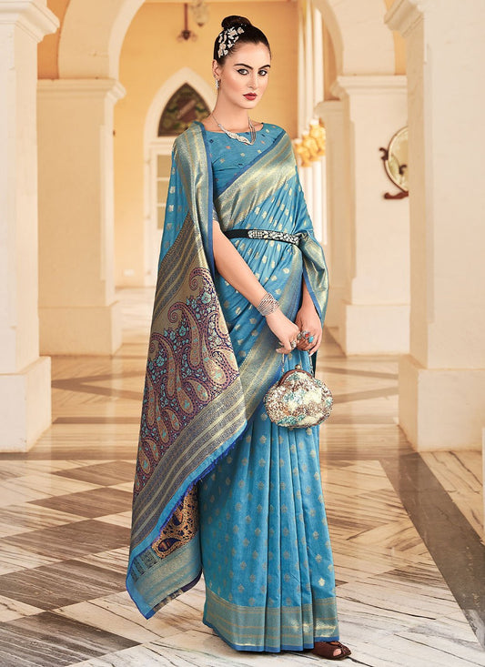 Contemporary Banarasi Silk Cotton Aqua Blue Woven Saree
