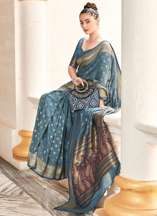 Trendy Saree Banarasi Silk Cotton Aqua Blue Woven Saree