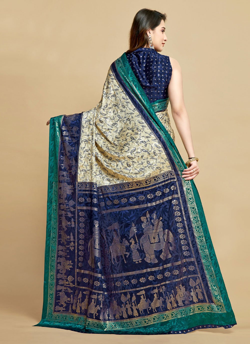 Contemporary Silk Blue Cream Jacquard Work Saree