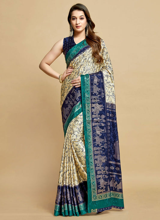 Contemporary Silk Blue Cream Jacquard Work Saree