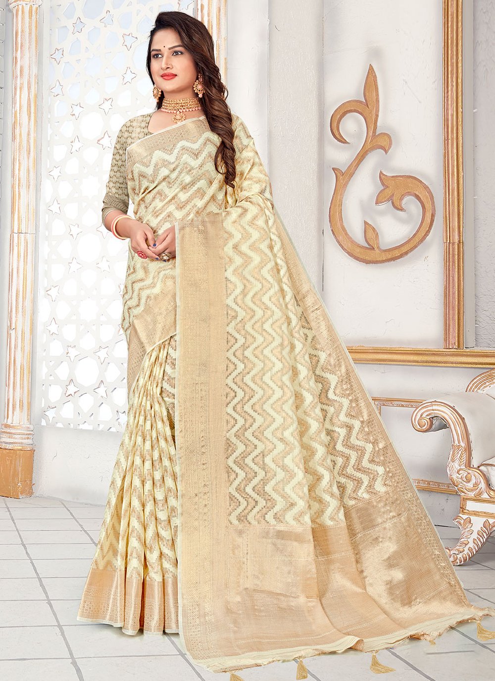 Classic Fancy Fabric Silk Cream Woven Saree