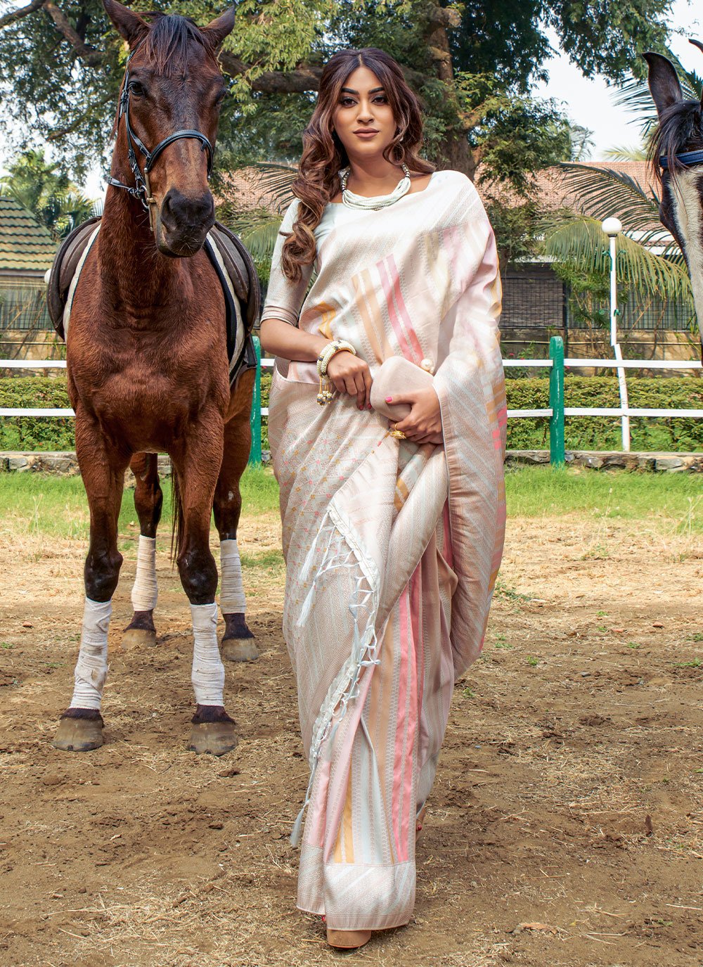 Contemporary Silk Cream Patch Border Saree