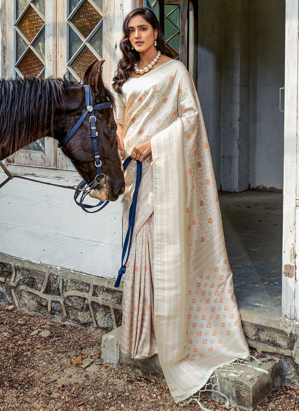 Classic Silk Cream Patch Border Saree