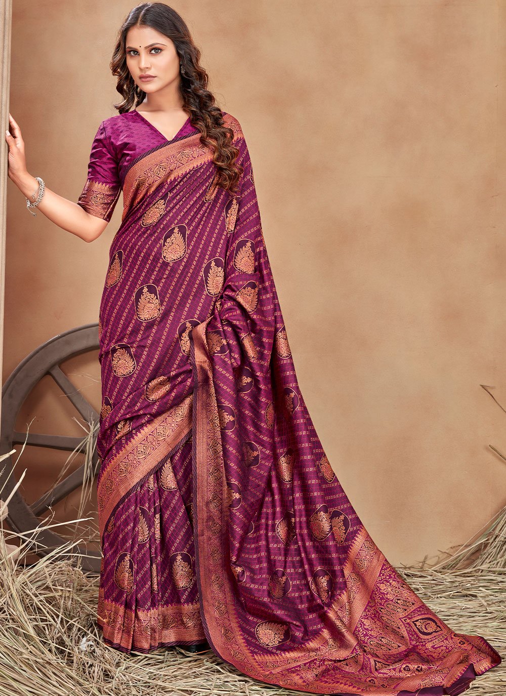 Designer Satin Silk Purple Woven Saree