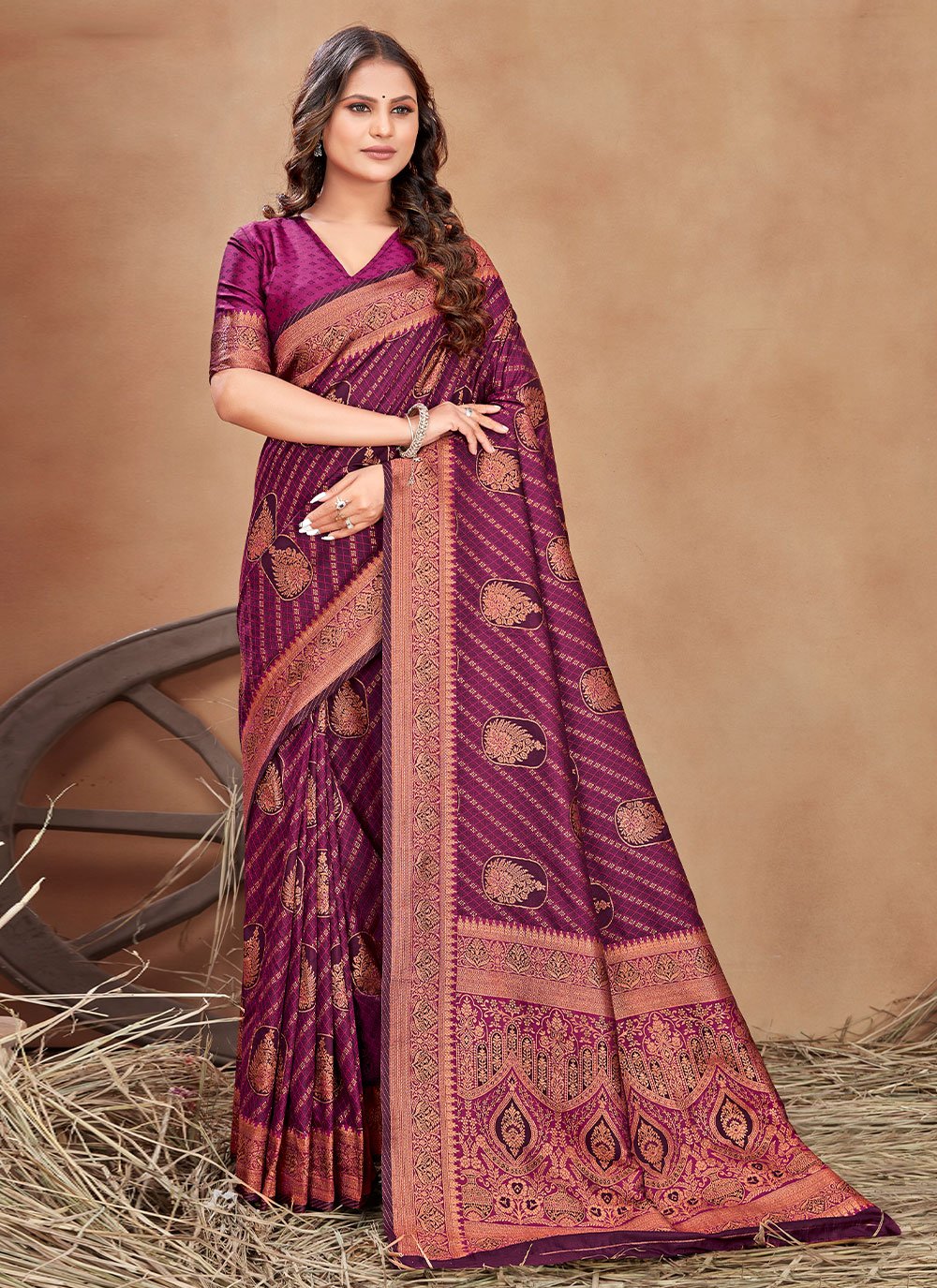 Designer Satin Silk Purple Woven Saree