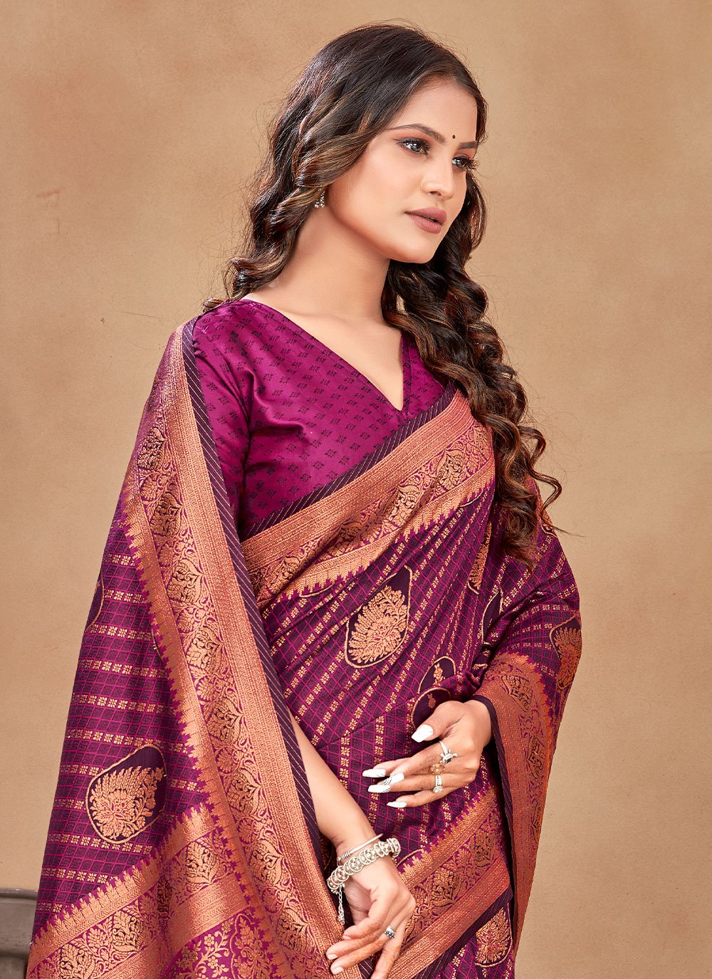 Designer Satin Silk Purple Woven Saree