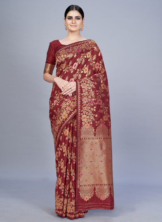 Classic Banarasi Silk Maroon Woven Saree