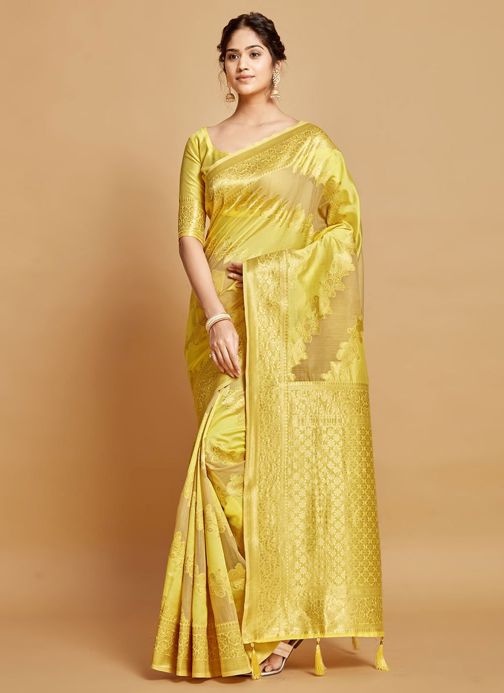 Trendy Saree Linen Yellow Woven Saree