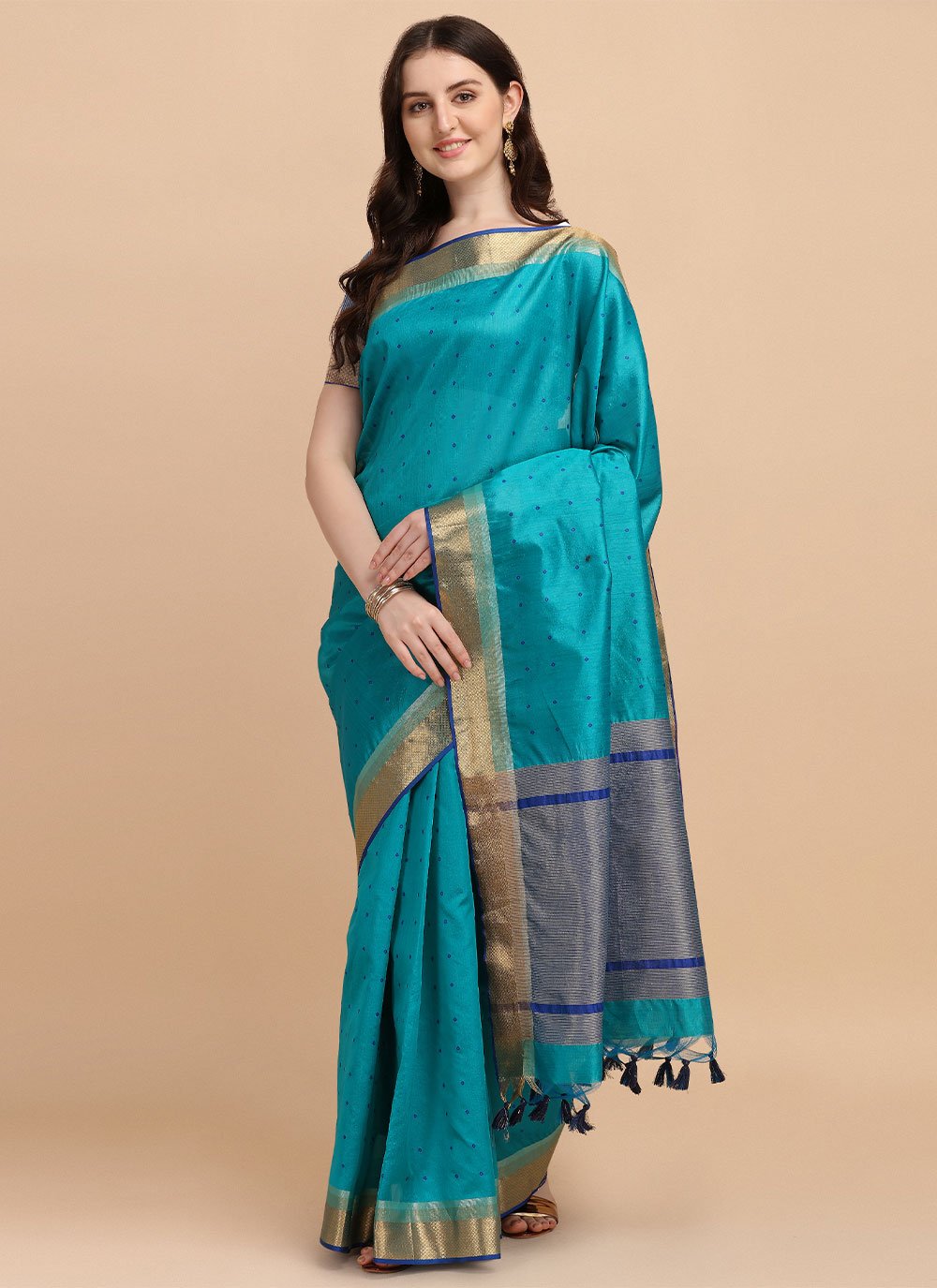 Classic Tussar Silk Firozi Woven Saree