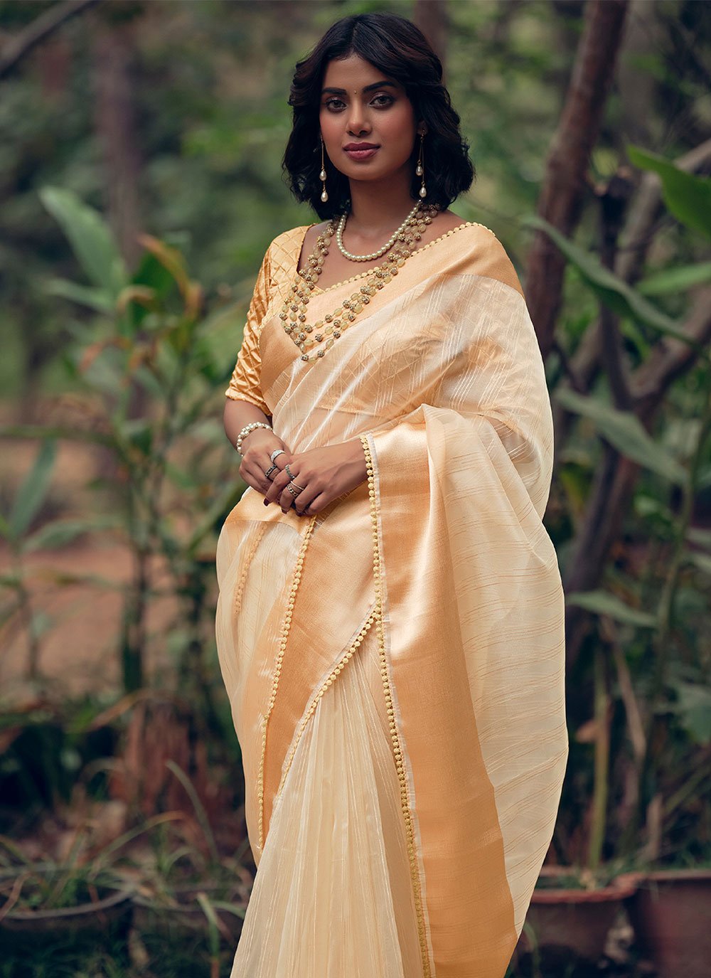 Trendy Saree Organza Gold Woven Saree