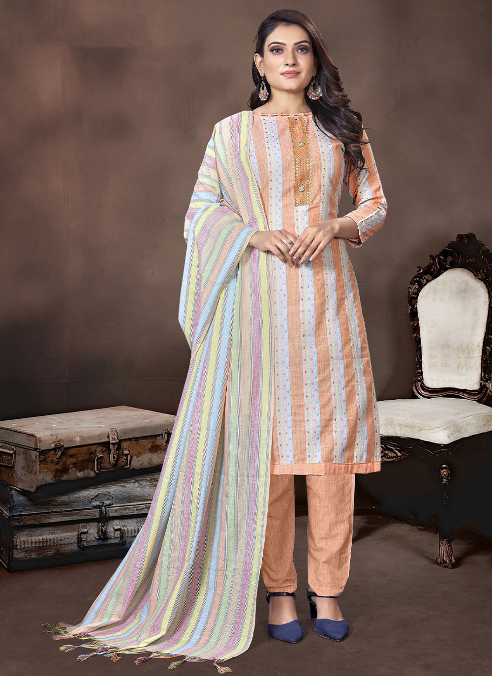 Straight Salwar Suit Handloom Cotton Orange Woven Salwar Kameez