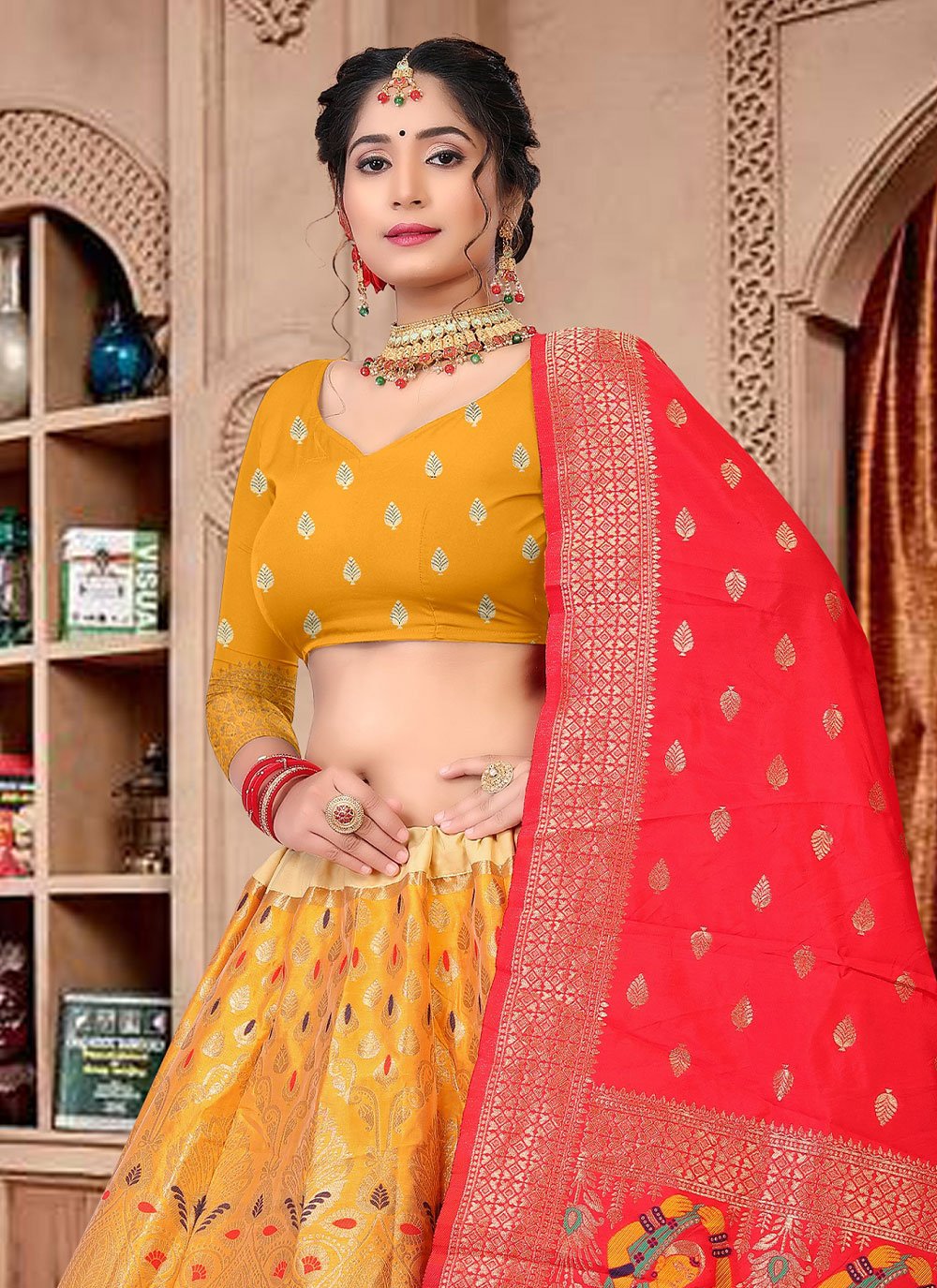 A Line Lehenga Jacquard Mustard Woven Lehenga Choli