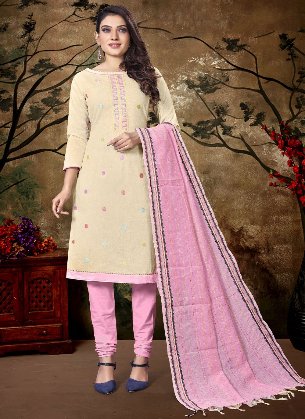 Straight Salwar Suit Cotton Khadi Off White Embroidered Salwar Kameez