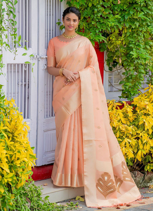 Contemporary Linen Tissue Orange Woven Saree