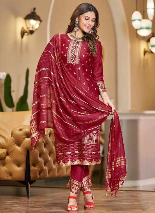 Straight Salwar Suit Silk Maroon Foil Print Salwar Kameez