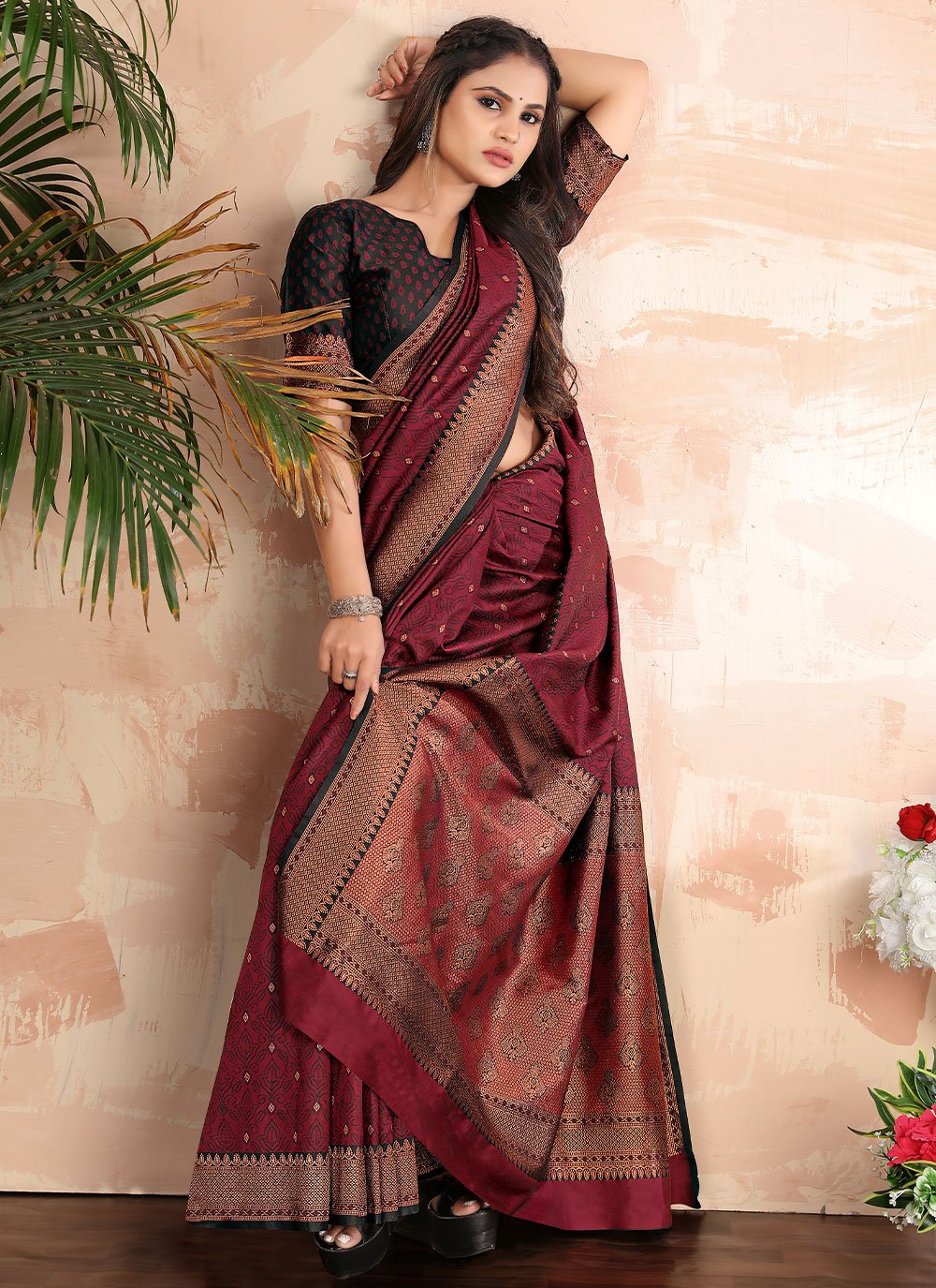 Traditional Saree Satin Silk Maroon Woven Saree