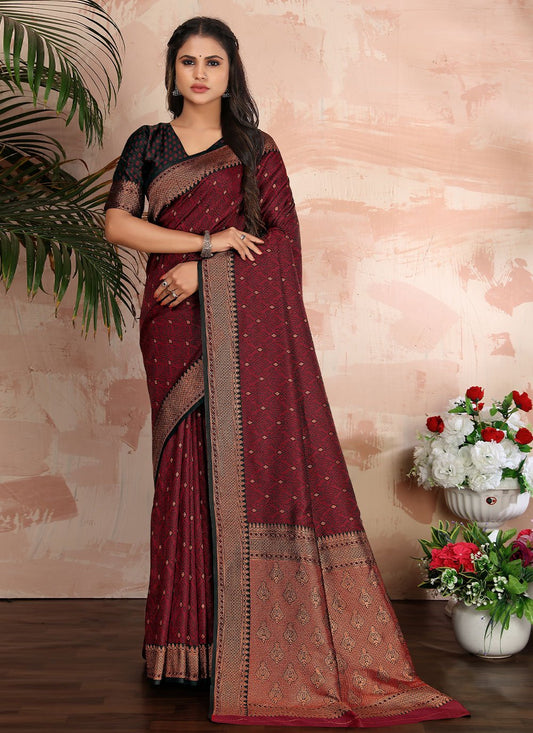 Traditional Saree Satin Silk Maroon Woven Saree