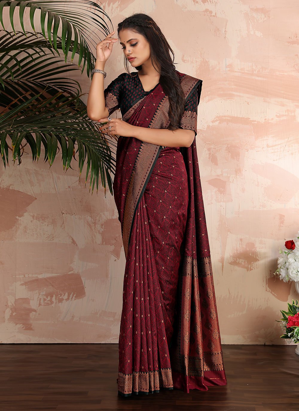 Traditional Saree Satin Silk Maroon Woven Saree