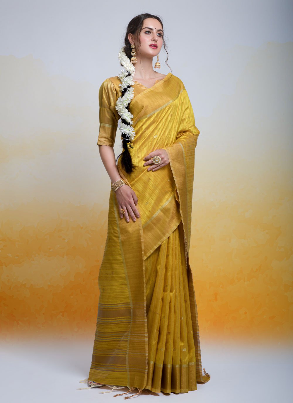 Contemporary Cotton Silk Mustard Woven Saree