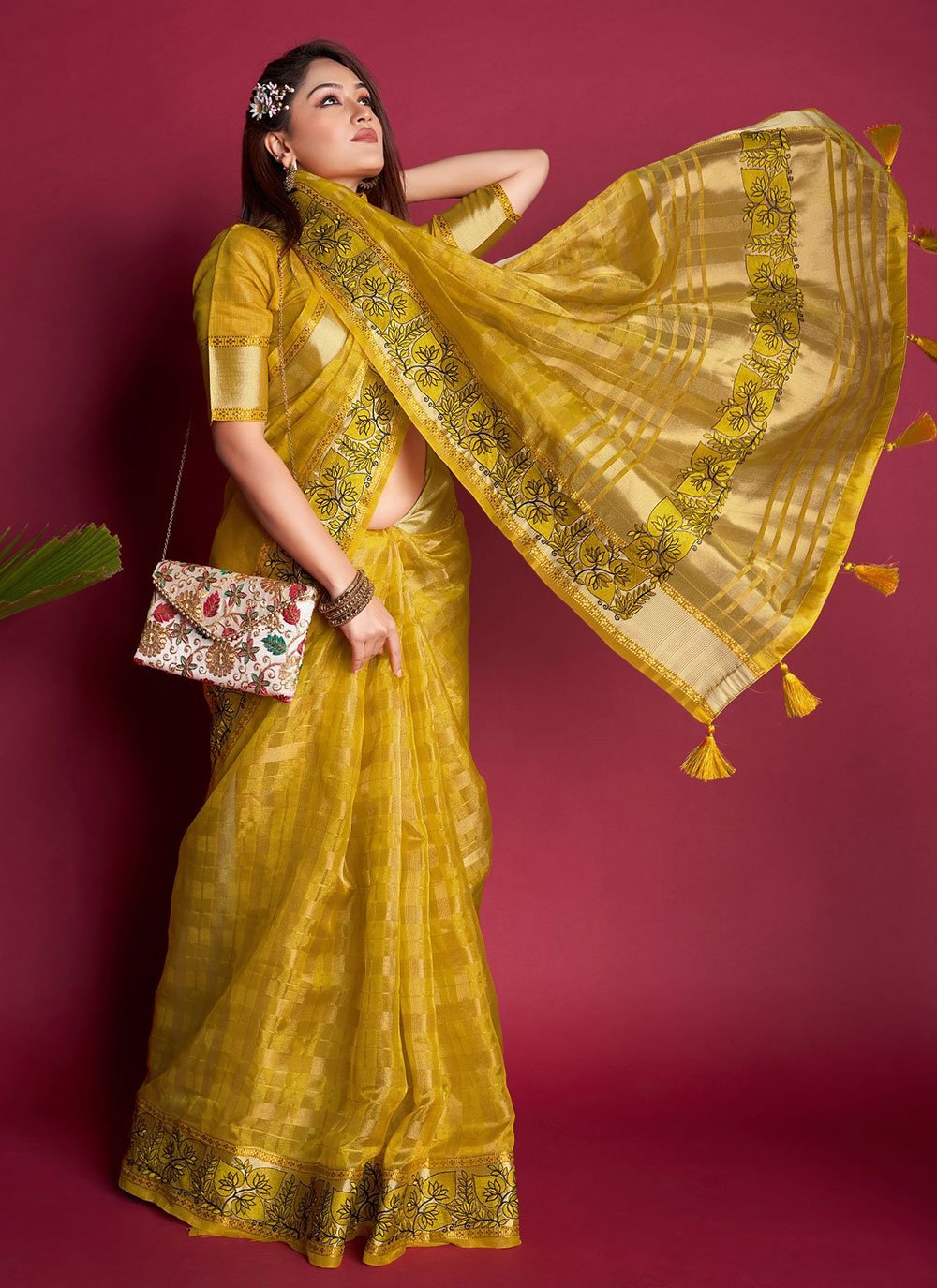 Trendy Saree Organza Silk Mustard Embroidered Saree