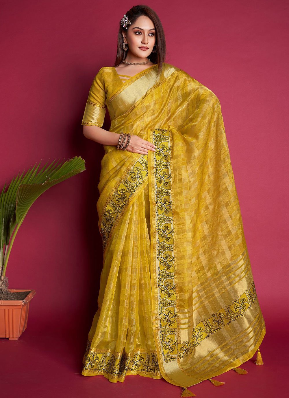 Trendy Saree Organza Silk Mustard Embroidered Saree