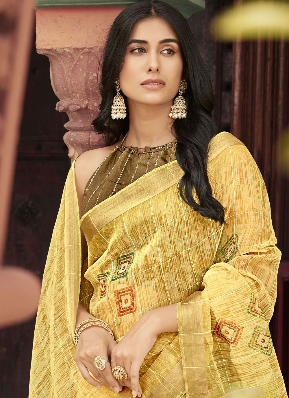 Classic Designer Organza Yellow Print Saree