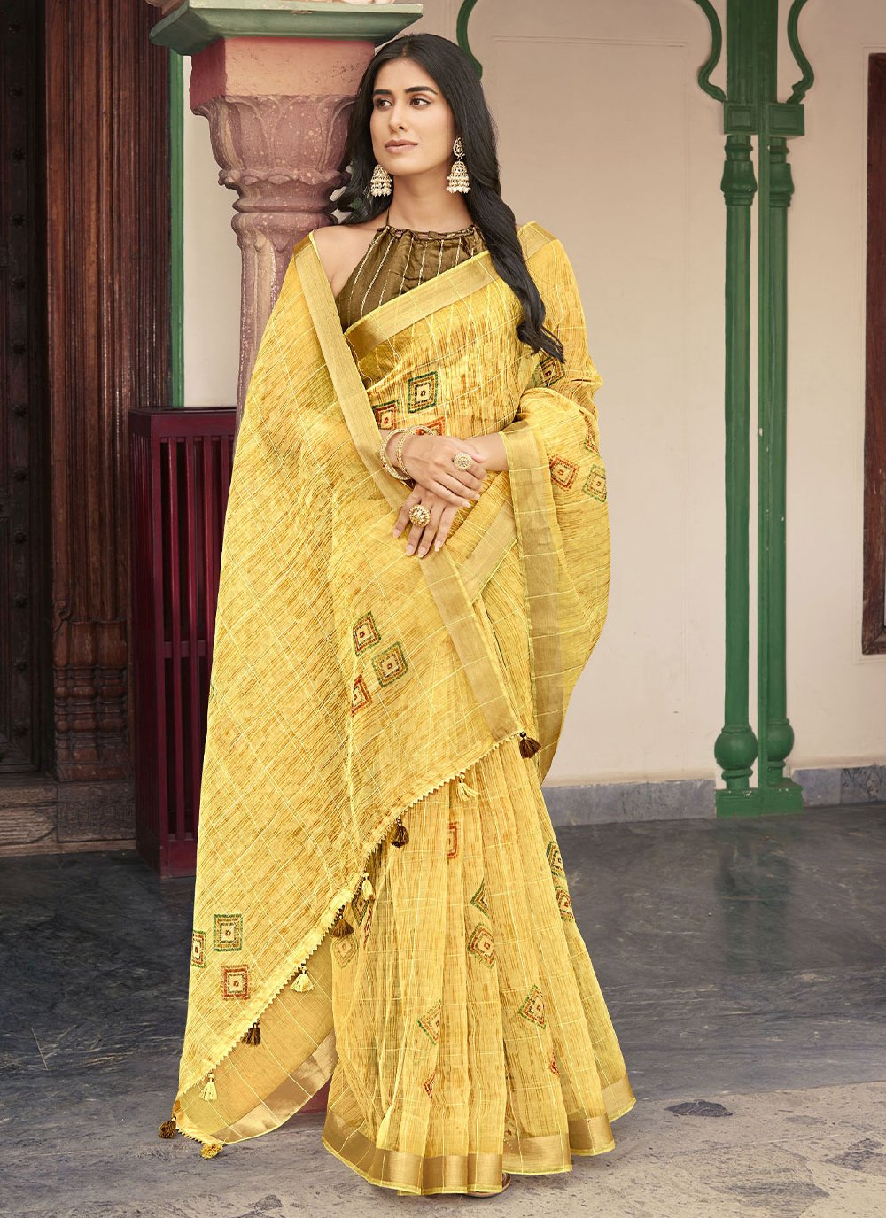 Classic Designer Organza Yellow Print Saree