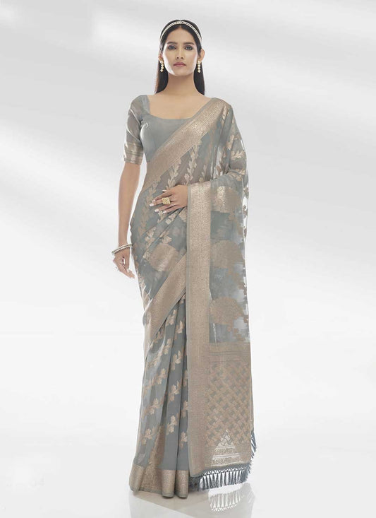 Trendy Saree Organza Grey Woven Saree