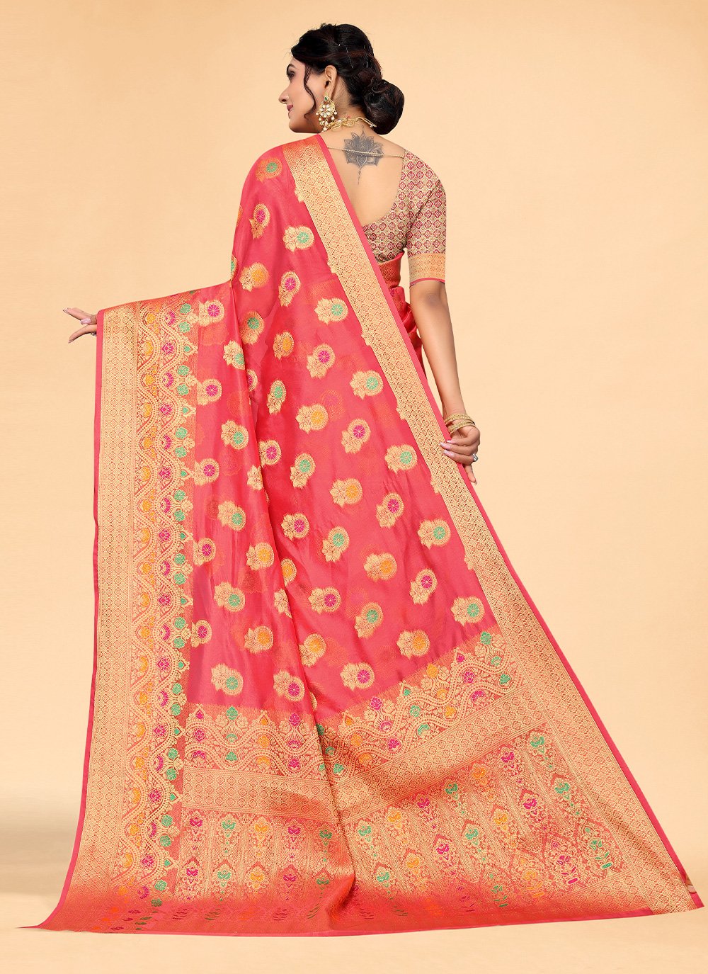 Trendy Saree Organza Pink Woven Saree