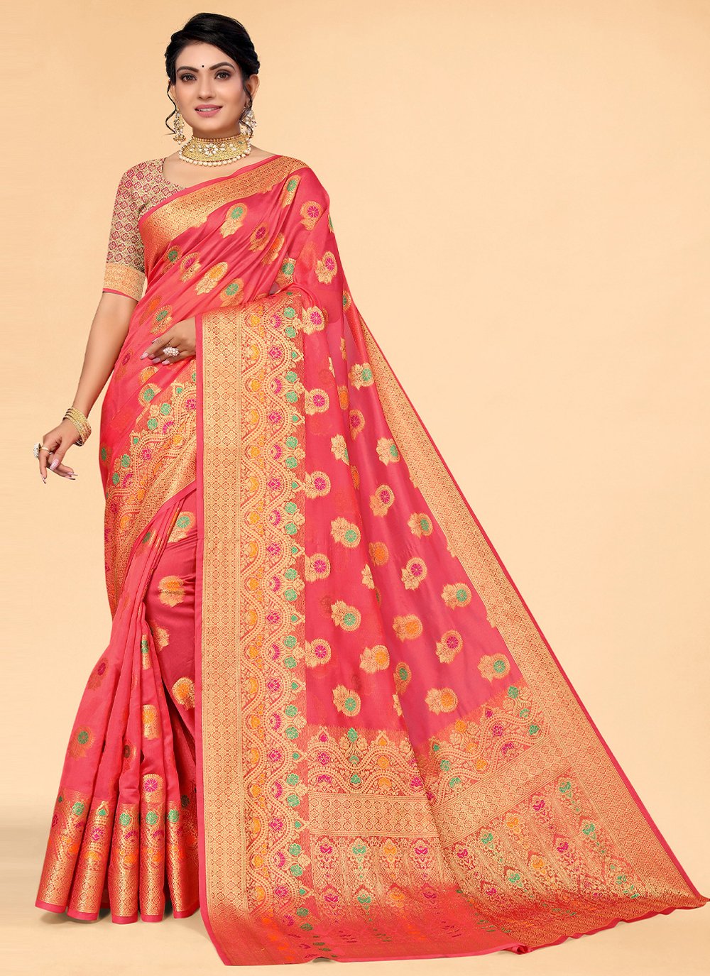 Trendy Saree Organza Pink Woven Saree