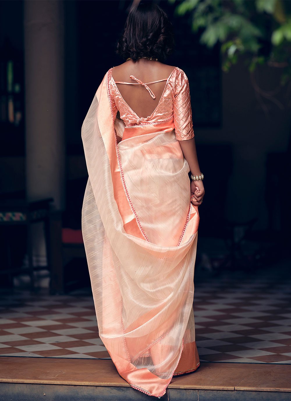 Classic Organza Peach Woven Saree