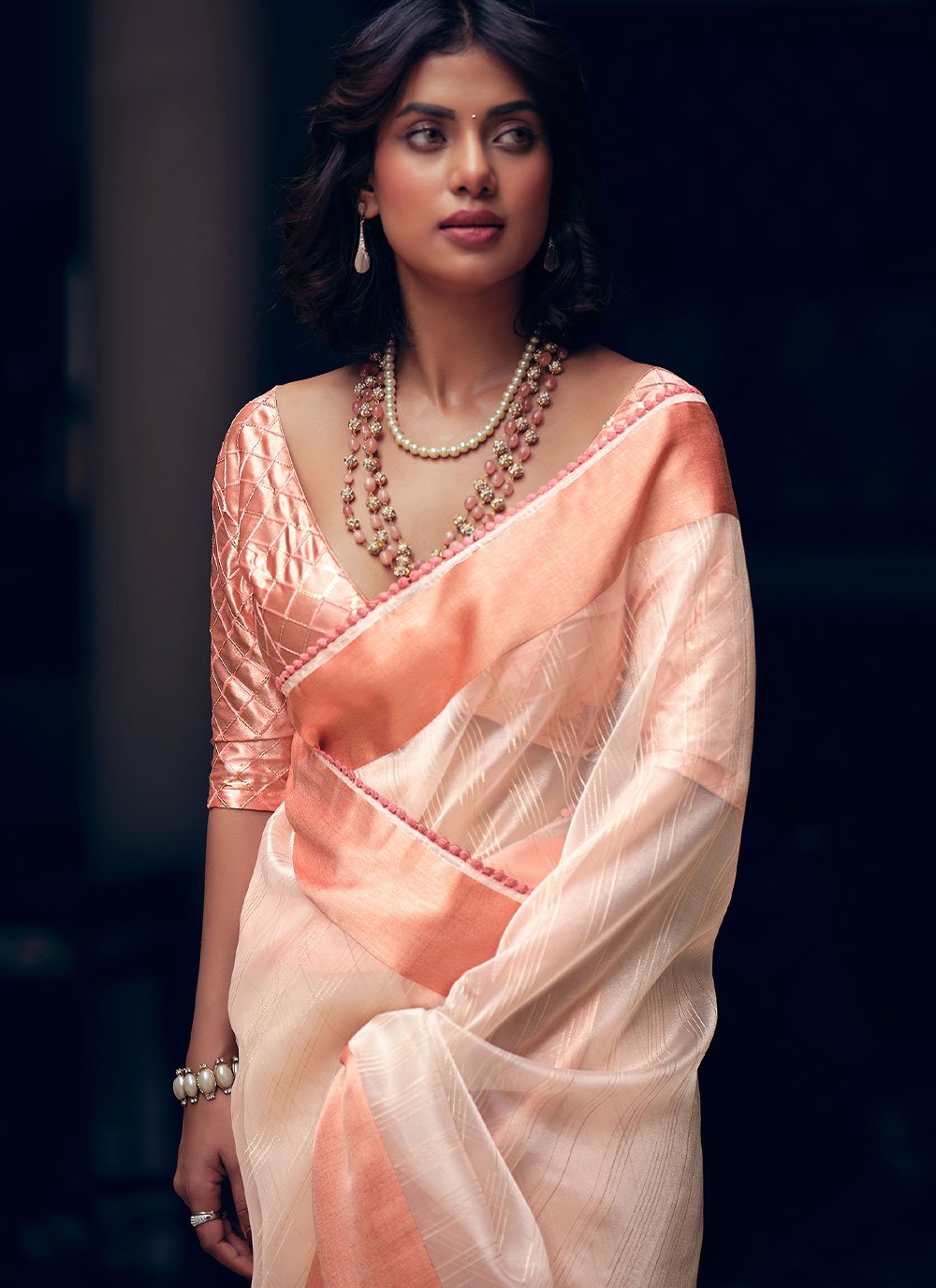 Classic Organza Peach Woven Saree