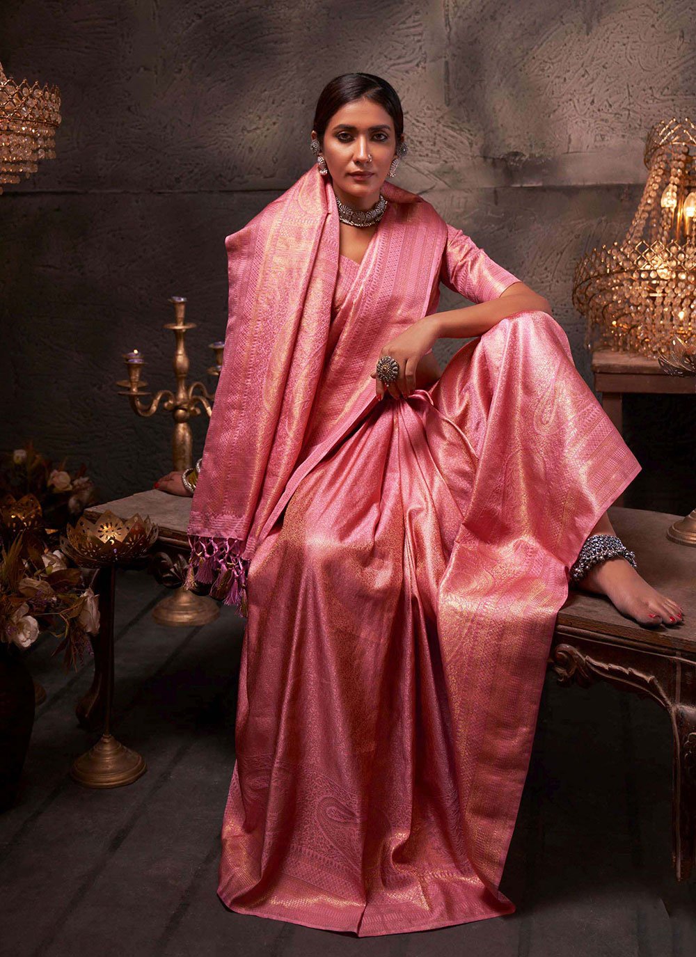 Designer Kanjivaram Silk Pink Woven Saree