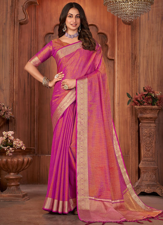 Trendy Saree Khadi Silk Linen Pink Woven Saree