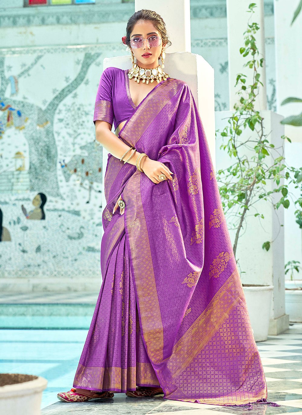 Trendy Saree Kanjivaram Silk Purple Woven Saree