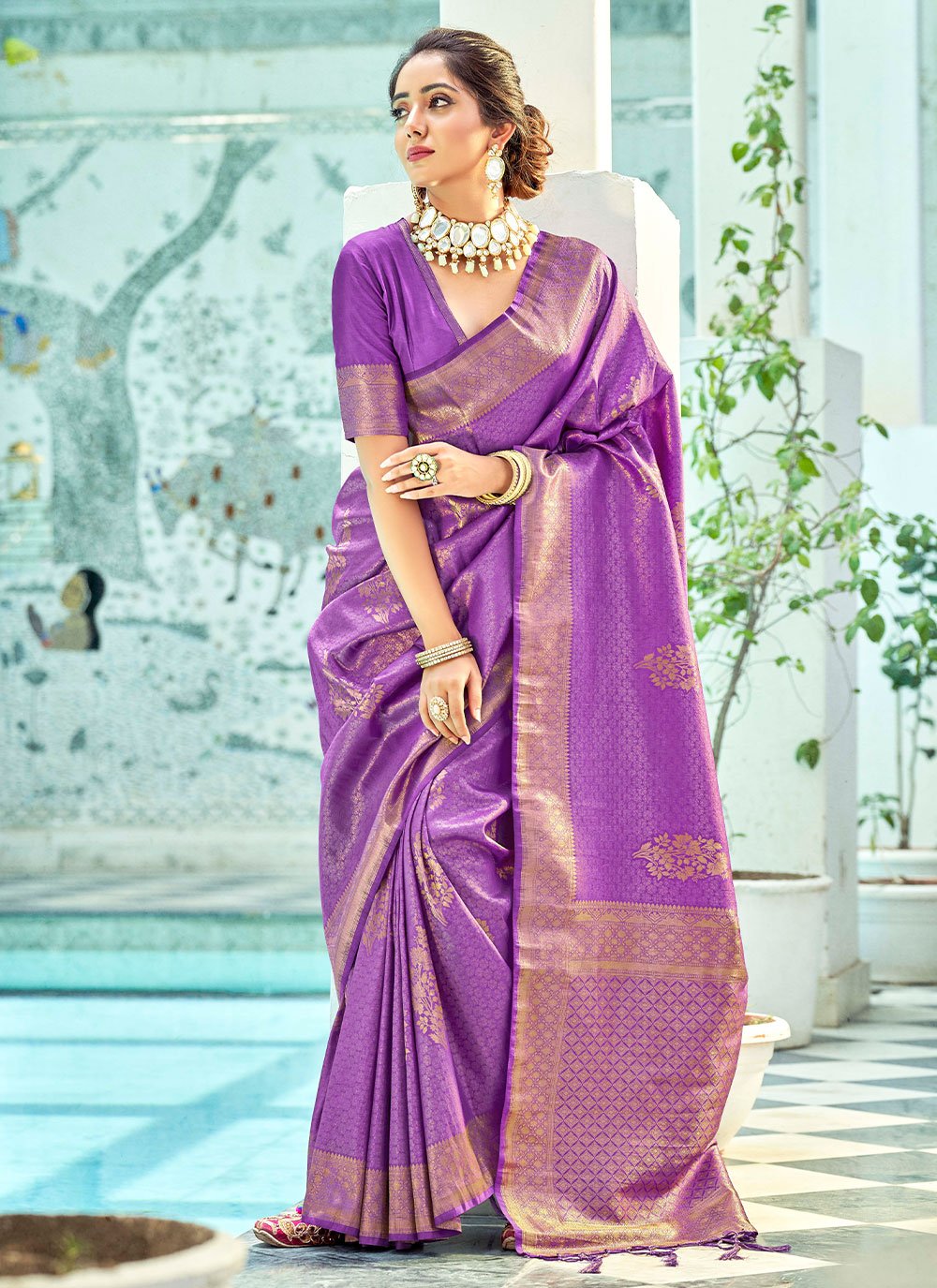 Trendy Saree Kanjivaram Silk Purple Woven Saree