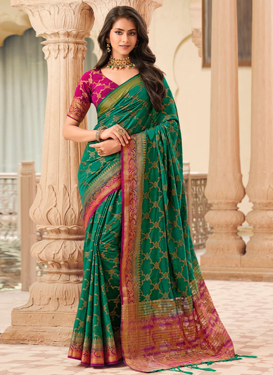 Classic Raw Silk Green Woven Saree