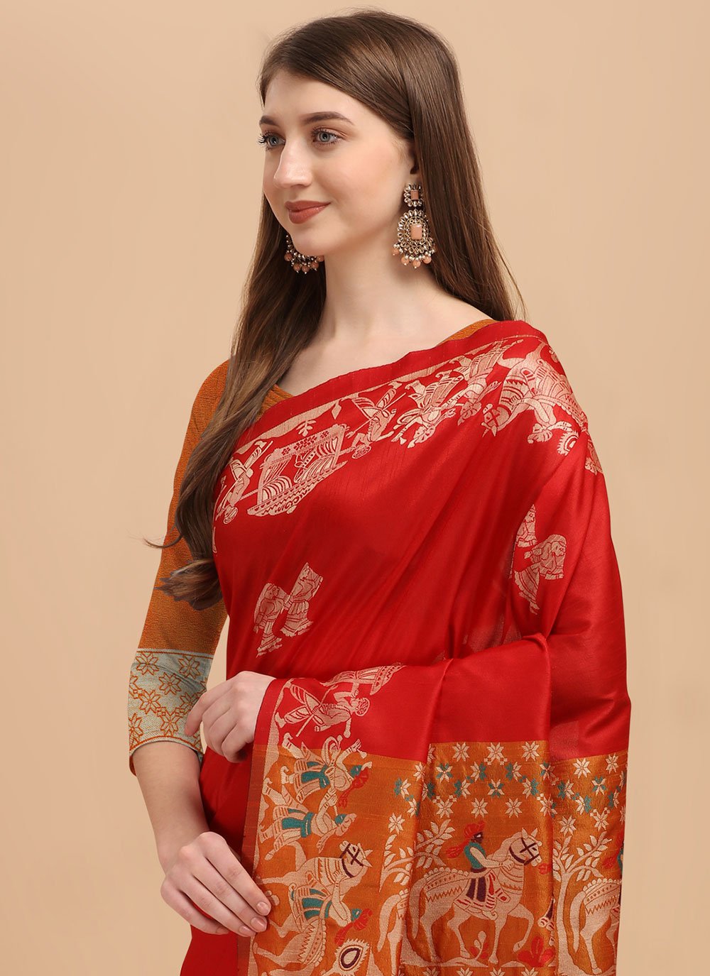 Contemporary Raw Silk Red Woven Saree