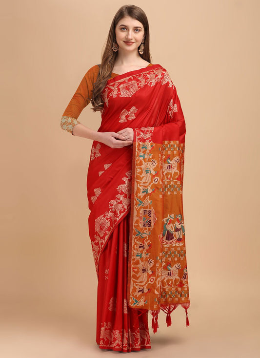 Contemporary Raw Silk Red Woven Saree