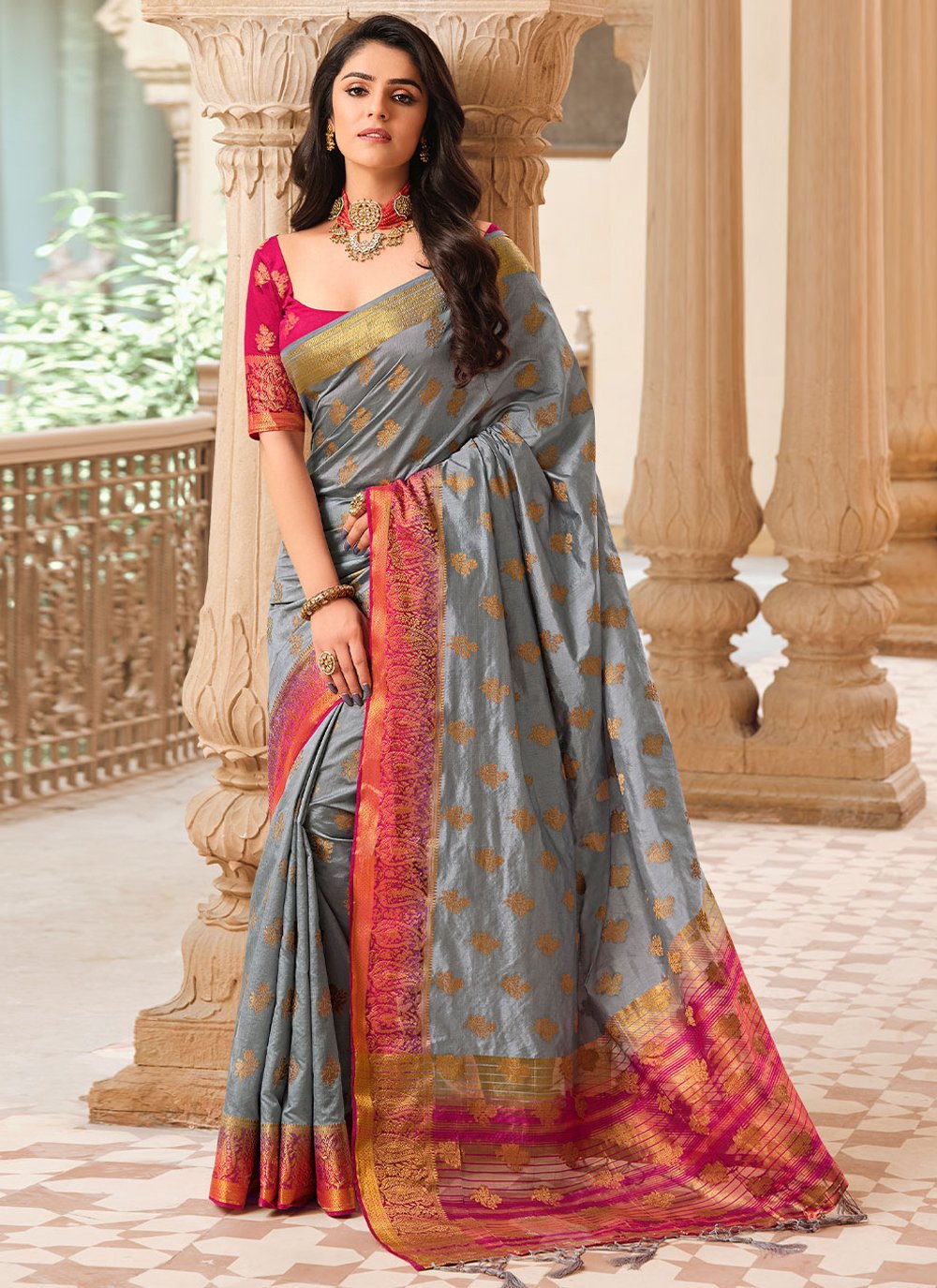 Contemporary Raw Silk Grey Woven Saree