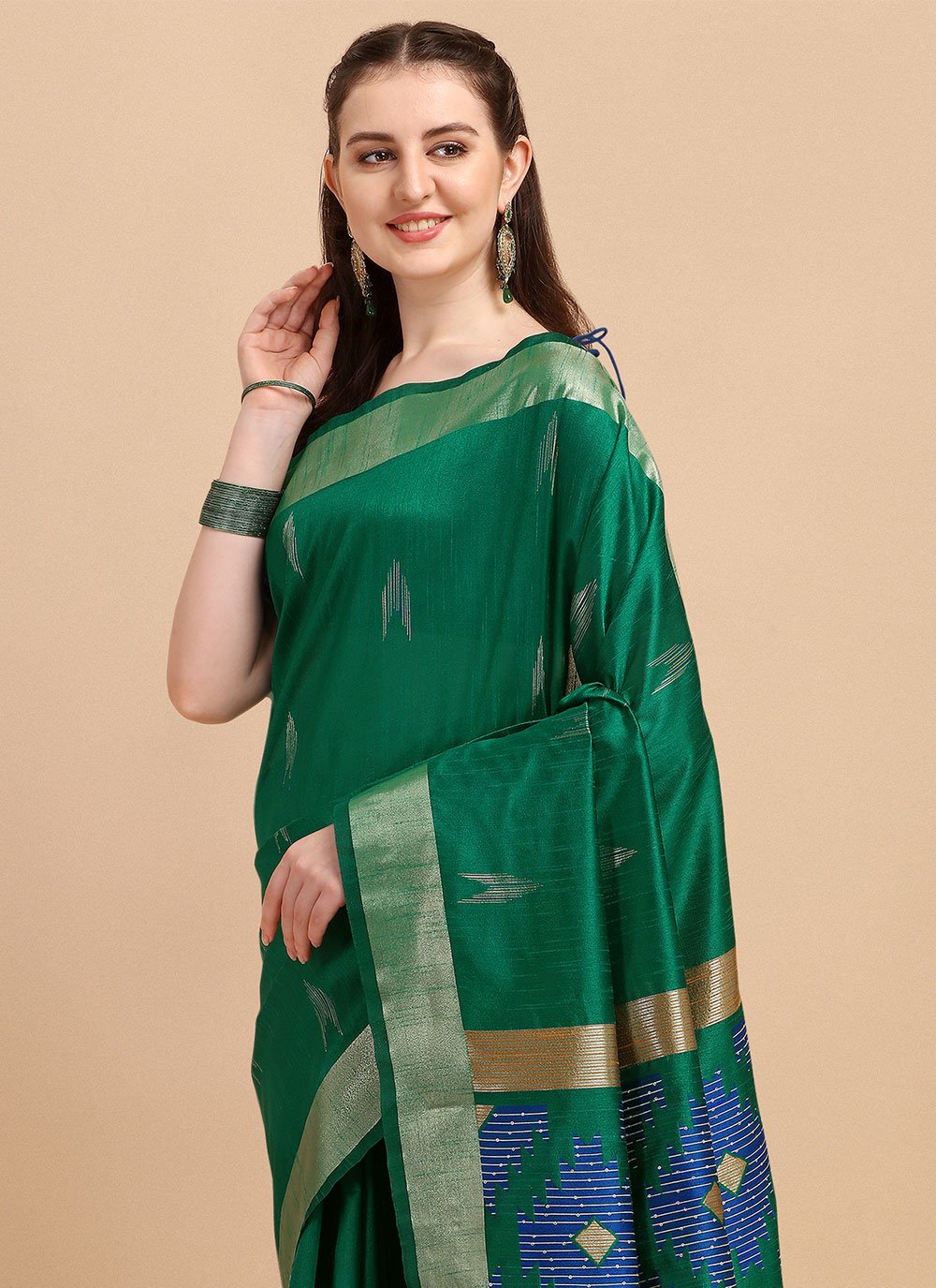 Trendy Saree Banglori Silk Raw Silk Green Sequins Saree