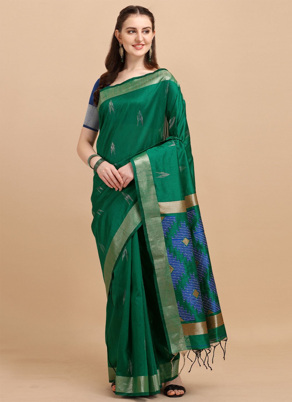 Trendy Saree Banglori Silk Raw Silk Green Sequins Saree