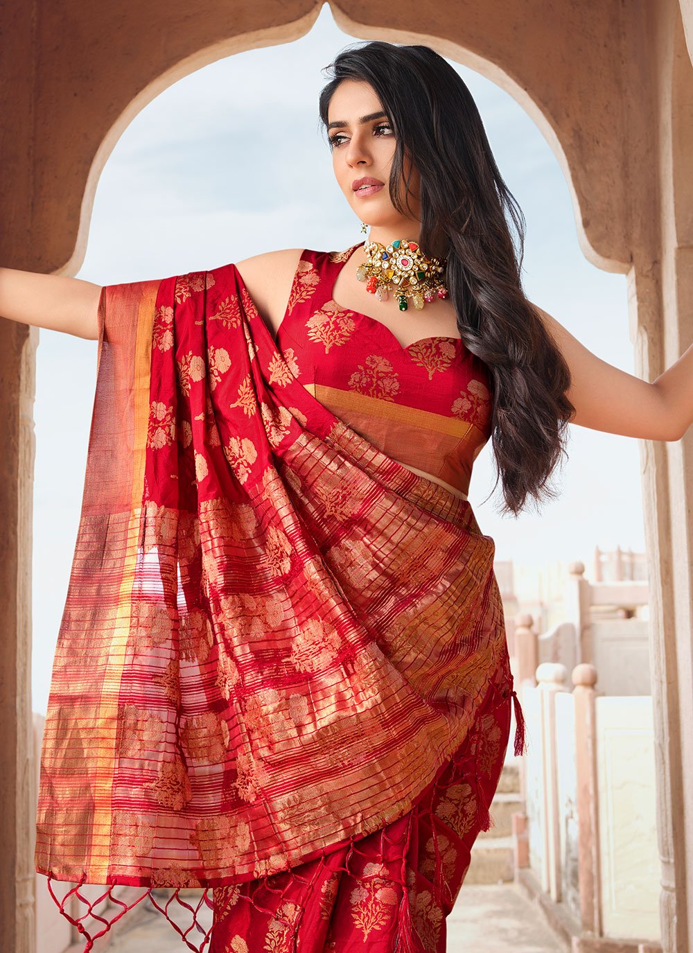 Classic Raw Silk Red Woven Saree