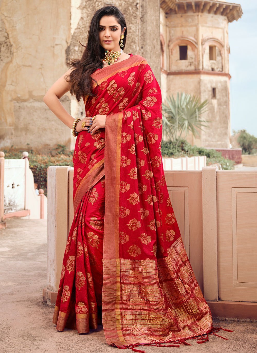 Classic Raw Silk Red Woven Saree