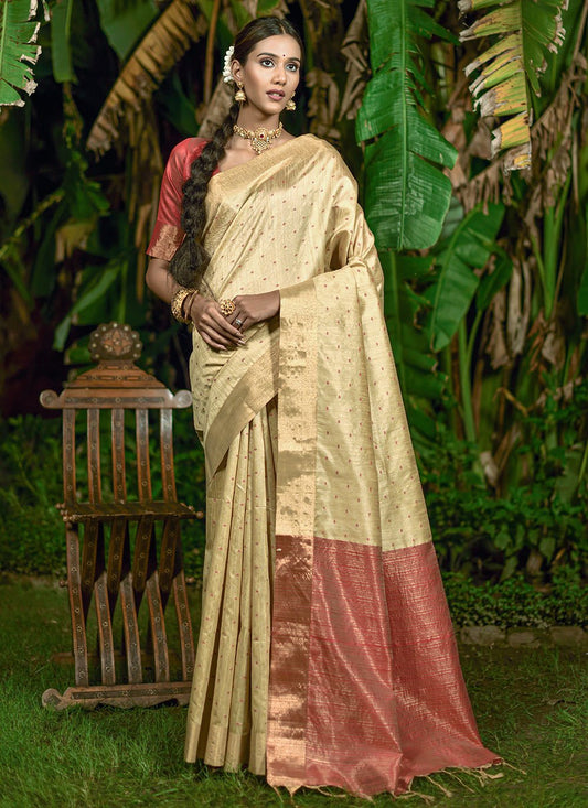 Trendy Saree Raw Silk Cream Woven Saree