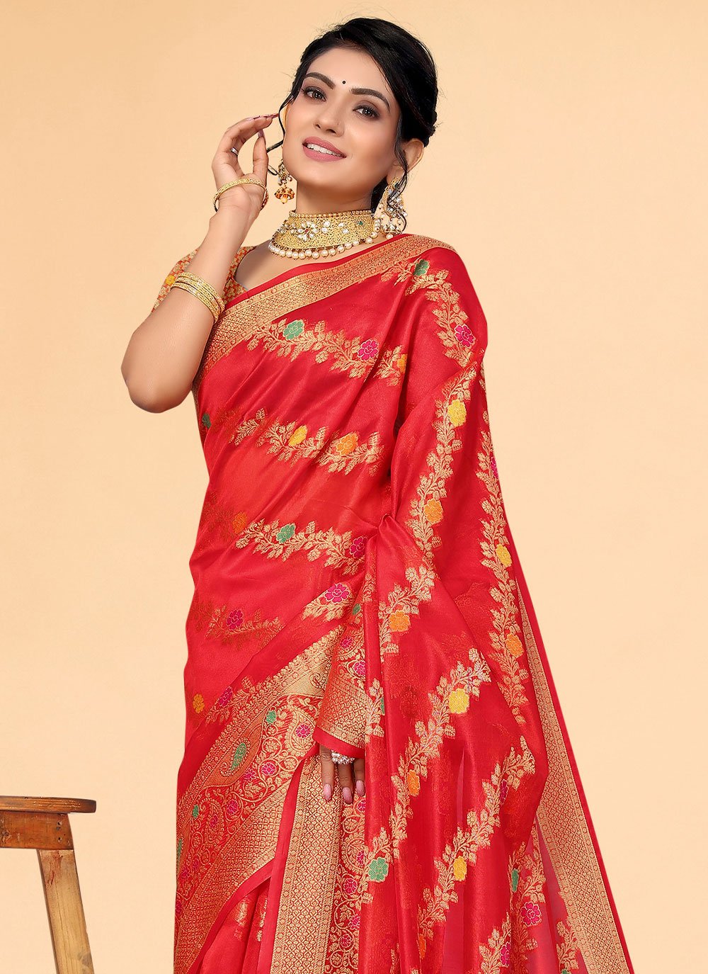 Contemporary Organza Red Woven Saree