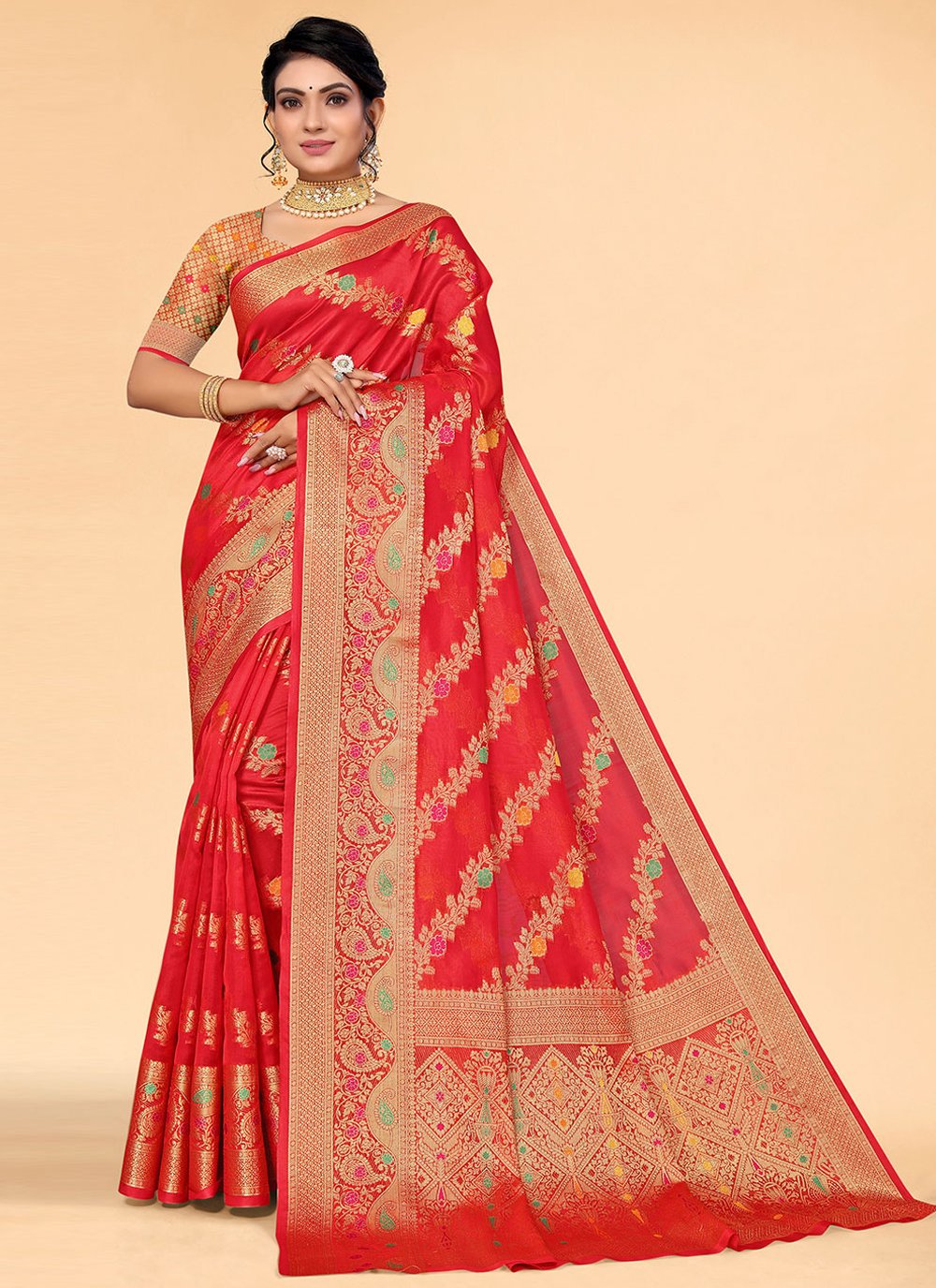 Contemporary Organza Red Woven Saree